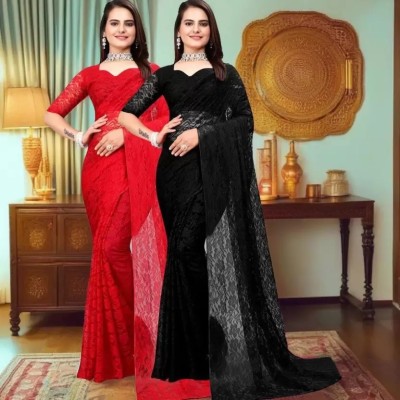 Vragi Self Design Bollywood Net Saree(Pack of 2, Multicolor)