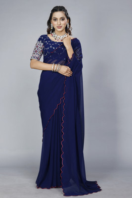 Vikash fab Solid/Plain Bollywood Georgette Saree(Dark Blue)
