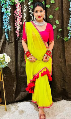 Salco Solid/Plain Banarasi Georgette Saree(Yellow, Pink)