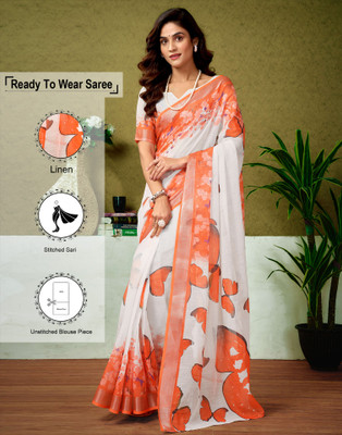 Samah Digital Print, Floral Print, Printed Bollywood Linen Saree(White, Orange)