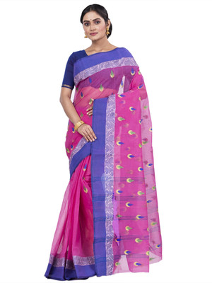 DipDiya Embroidered Tant Pure Cotton Saree(Pink)