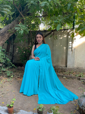 kashvi sarees Solid/Plain Bollywood Georgette Saree(Light Blue)