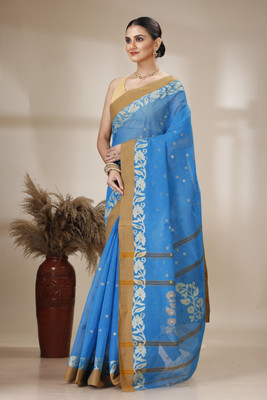 DENLINFABRICS Printed Tant Cotton Blend Saree(Light Blue)