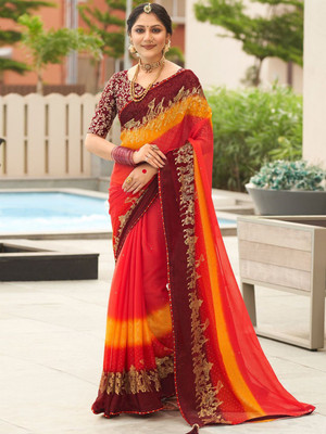 ANOUK Embellished Bollywood Chiffon Saree(Red)