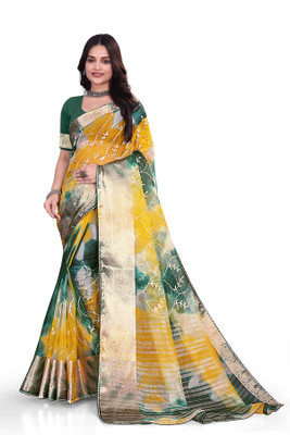 Aarunika LGF Solid/Plain Bollywood Organza Saree(Green, Yellow)