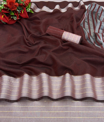 HouseOfCommon Solid/Plain Kasavu Cotton Linen Saree(Maroon)