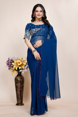 SAADHYA CREATION Embroidered, Solid/Plain Bollywood Georgette Saree(Dark Blue)