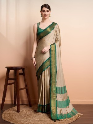 Westux Woven, Self Design, Embellished Banarasi Cotton Silk, Jacquard Saree(Beige, Dark Green, Gold)