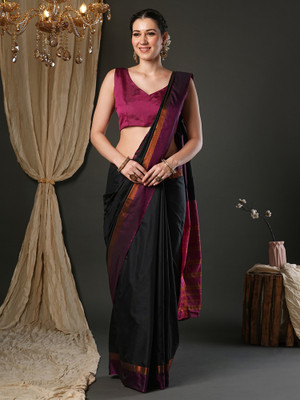 Sareemall Color Block Daily Wear Cotton Silk Saree(Black)