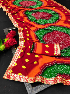 Kanooda Prints Printed Bandhani Georgette Saree(Multicolor)