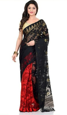 Krishneshwari Self Design, Woven Jamdani Pure Cotton Saree(Red, Black)