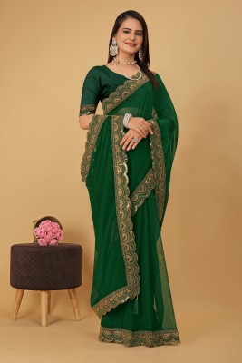 S.B Creation Embroidered, Solid/Plain, Self Design Banarasi Georgette, Tussar Silk Saree(Green)