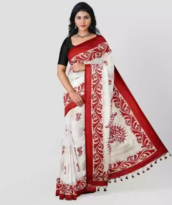 DPTEXTILE Printed Handloom Pure Cotton Saree(White)