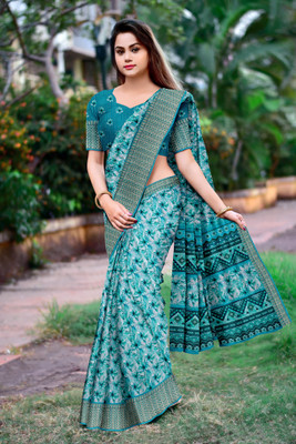 DHARMRAJ ENTERPRISE Floral Print, Woven, Printed Banarasi Cotton Blend Saree(Light Green)