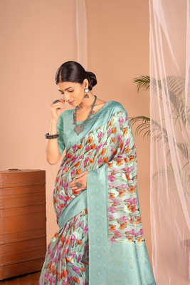WISHLIST Digital Print Bollywood Cotton Blend Saree(Blue)