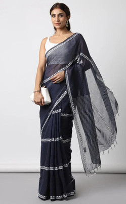 ANU INDIAN FASHION Woven Handloom Cotton Blend Saree(Dark Blue)