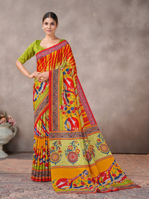GARDEN VARELI Geometric Print Saree with Attached Blouse Silk Blend Saree(Light Green)