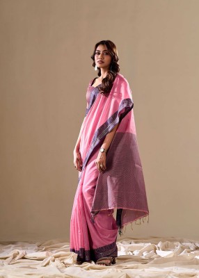 MS Retail Embroidered Handloom Cotton Linen Saree(Pink)