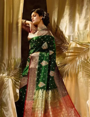 Ahamadcreation Embroidered Banarasi Handloom Satin Saree(Dark Green)