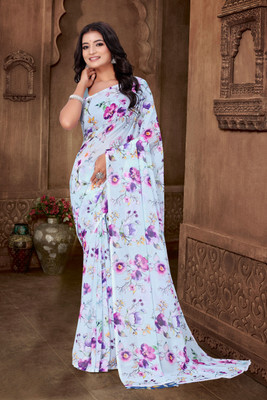 HIYAMI Floral Print Bollywood Georgette Saree(Blue)