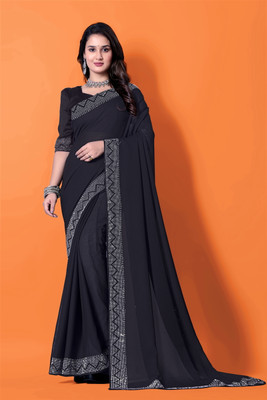 Lapetiya Clothing Self Design, Solid/Plain Bollywood Georgette Saree(Black)