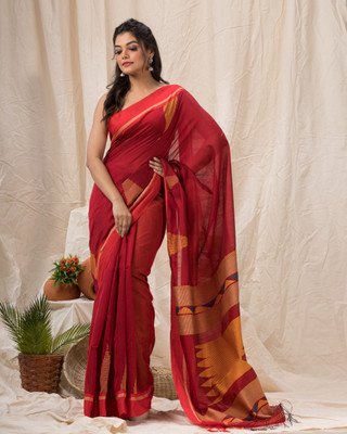 angoshobha Solid/Plain Handloom Cotton Blend Saree(Red)