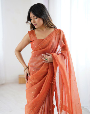 Satrani Embellished Bollywood Net Saree(Orange)