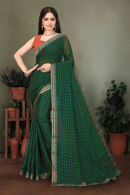 HouseOfCommon Printed Bandhani Georgette Saree(Green, Brown)