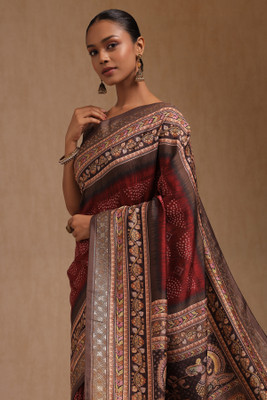 soch Printed Saree with Attached Blouse Silk Blend Saree(Maroon)