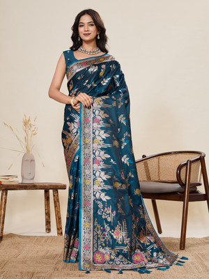 VISVASTA Embroidered Handloom Jacquard, Silk Blend Saree(Light Blue)