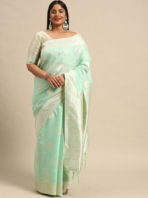 Sztori Woven, Self Design Banarasi Cotton Linen Saree(Light Green)