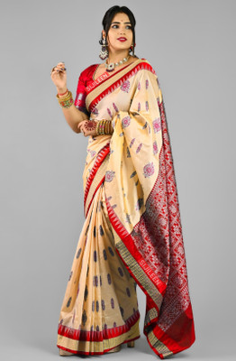 Sijileen Temple Border, Woven Sambalpuri Silk Blend Saree(Red, Yellow)