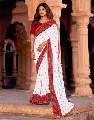 Divastri Printed, Embellished Bandhani Chiffon, Georgette Saree(Red, White)