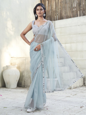 Tikhi Imli Solid/Plain Bollywood Net Saree(Blue)