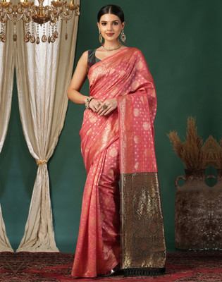 Samah Woven, Embellished Kanjivaram Silk Blend, Jacquard Saree(Green, Pink)