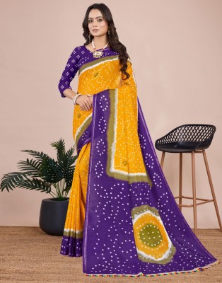 Samah Printed, Embellished, Striped Bandhani Pure Cotton Saree(Yellow, Purple)