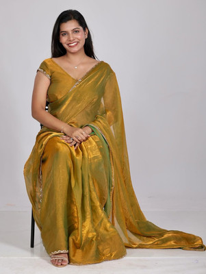 Vraggi Embellished, Solid/Plain Bollywood Chiffon, Pure Silk Saree(Gold)