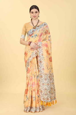 Divastri Printed Bollywood Cotton Blend Saree(Orange)