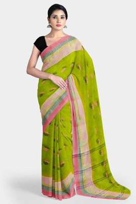 SANVISAREE Printed Tant Pure Cotton Saree(Light Green, Pink)