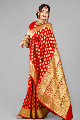 LYANNA Woven, Embellished Banarasi Handloom Satin Saree(Red)