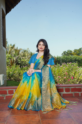 KOTHARI BS Solid/Plain Bandhani Organza Saree(Blue)