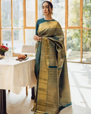 Anjaneya Sarees Woven Banarasi Cotton Silk Saree(Green)