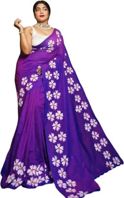 SMRITI CREATION Printed Handloom Handloom Pure Cotton Saree(Purple, White)