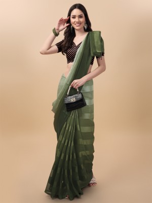 VILLAGIUS Striped Bollywood Satin Saree(Dark Green)