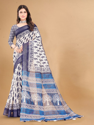 ANOUK Printed Daily Wear Linen Saree(White)