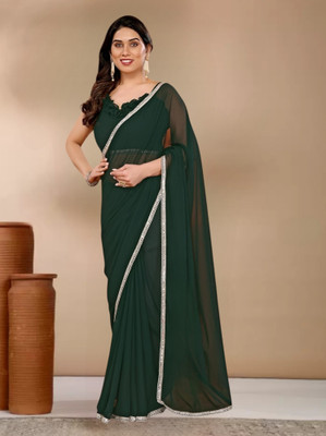 Avishafab Solid/Plain Bollywood Georgette Saree(Green)