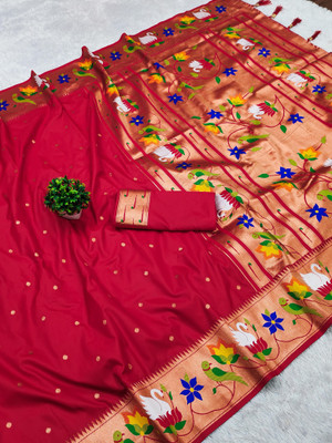 Tasrika Printed Paithani Cotton Silk Saree(Red)