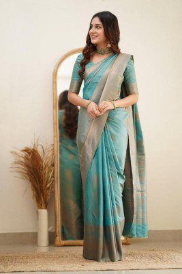 cosfic Embellished, Woven Bollywood Jacquard, Pure Silk Saree(Light Blue)