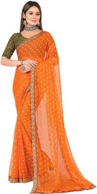 Aardiva Printed, Embellished Bollywood Chiffon Saree(Orange)
