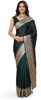 Tantvi Solid/Plain, Woven Handloom Satin Saree(Dark Green)